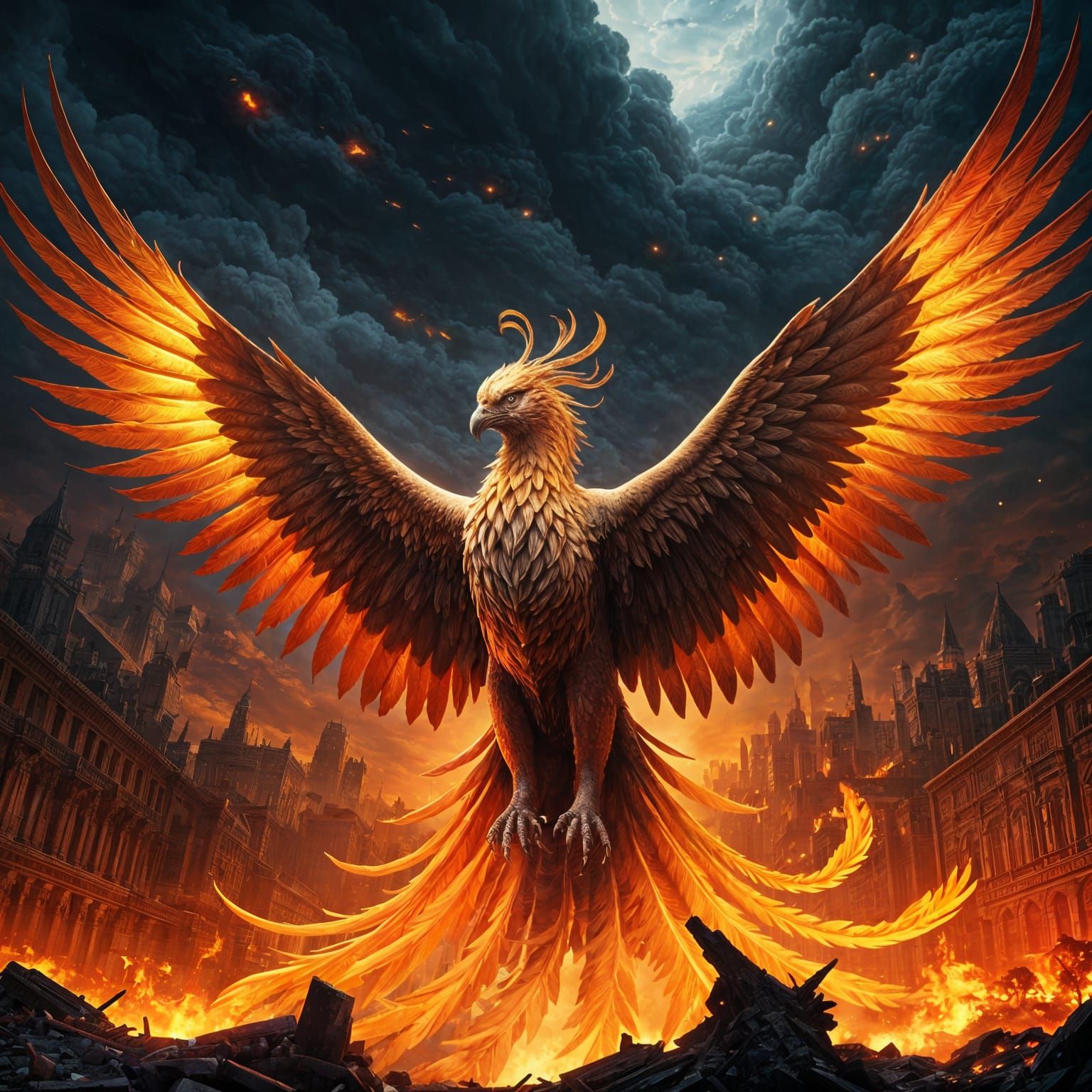 Majestic Phoenix Rises from Burning City in Hyperrealistic F...