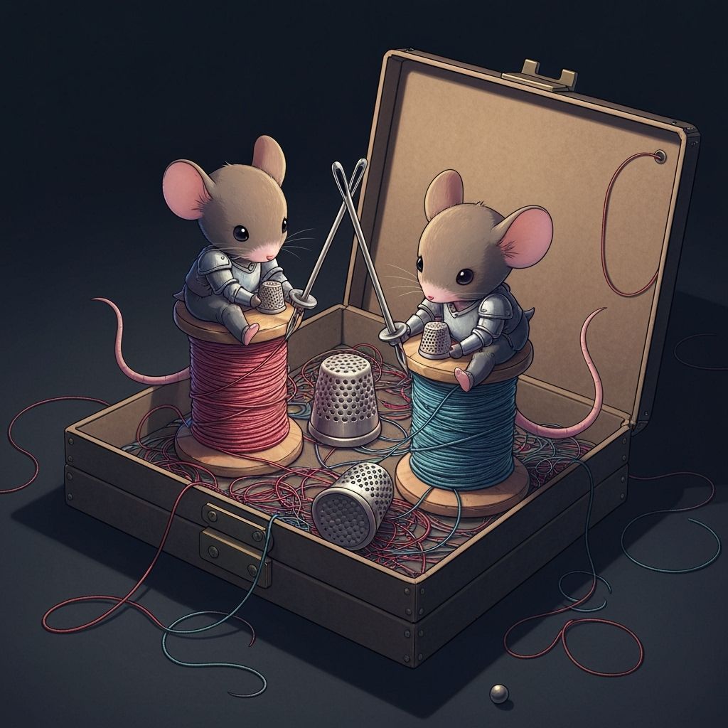 Mouse Children Play Knights in Sewing Box