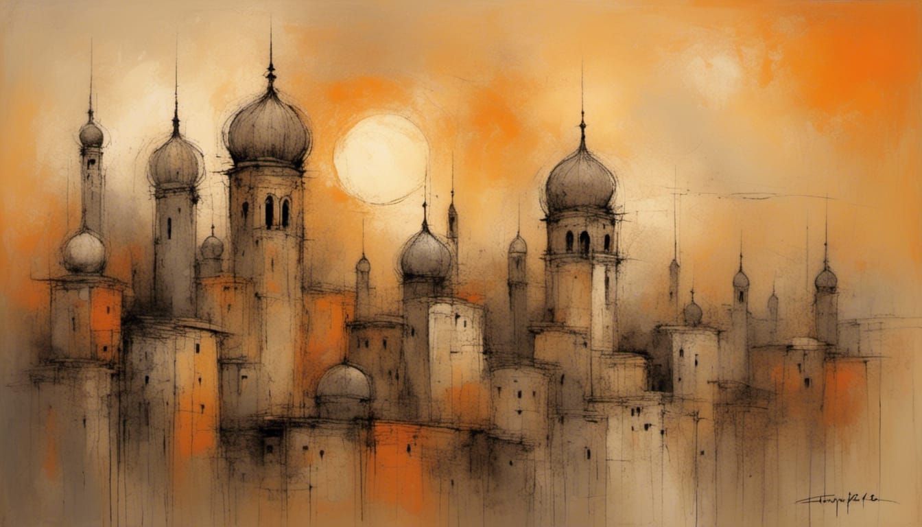 Old City Sketch at Golden Sunset in Chiaroscuro