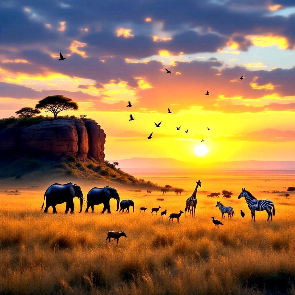 Majestic African Savanna Sunrise with Animal Procession