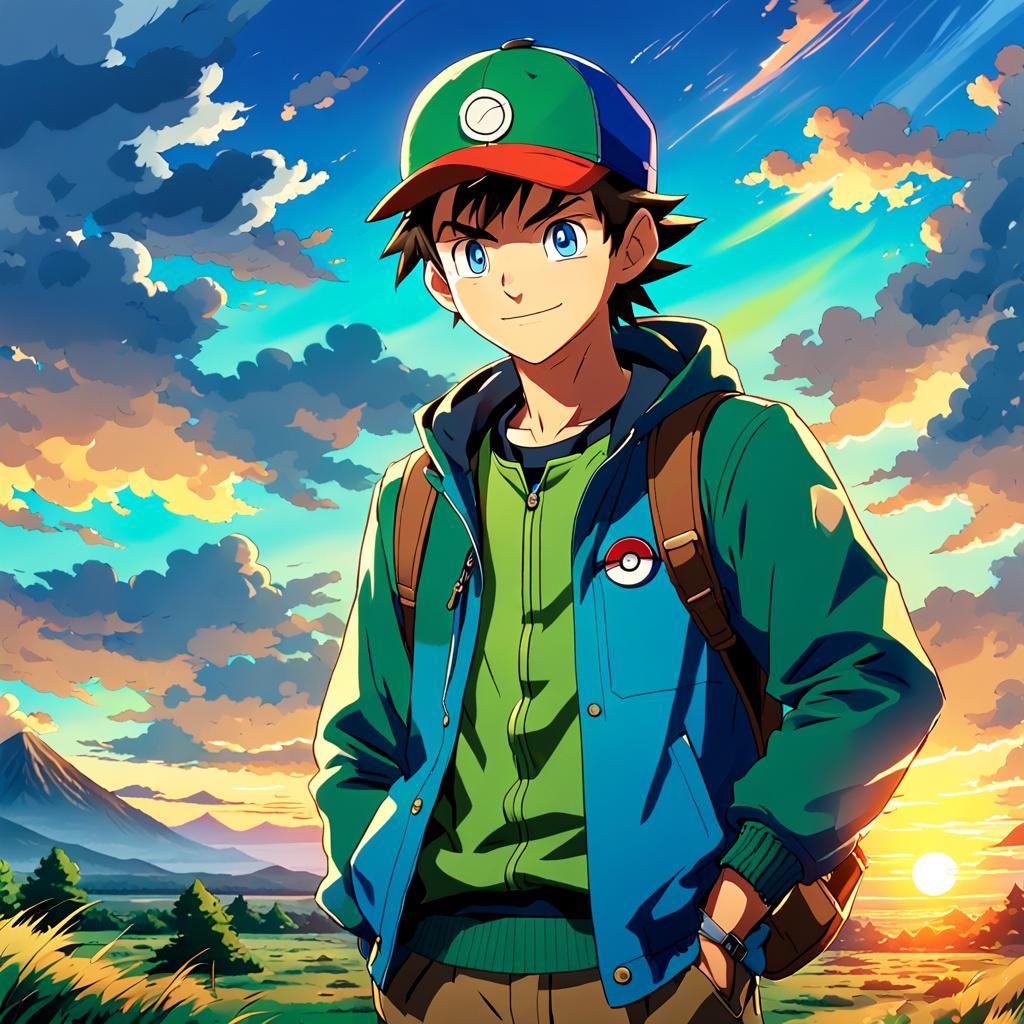 Ash Ketchum Inspired Trainer at Sunset, Anime Style