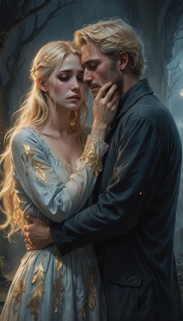 Heartbroken Man Embraces Ghost in Pastel Mist