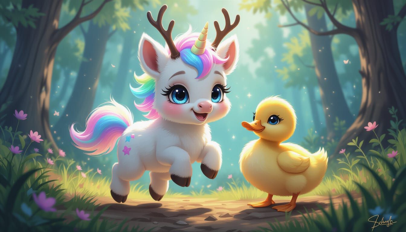 Baby Unicorn-Jackalope Hybrid with Duck in Magical Forest