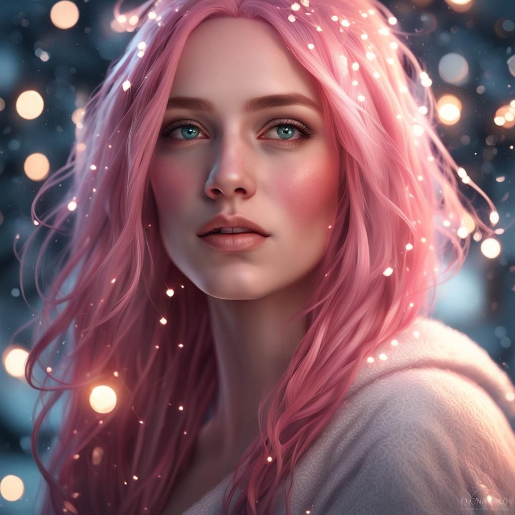 Pink-Haired Woman with Penguin and Fairy Lights