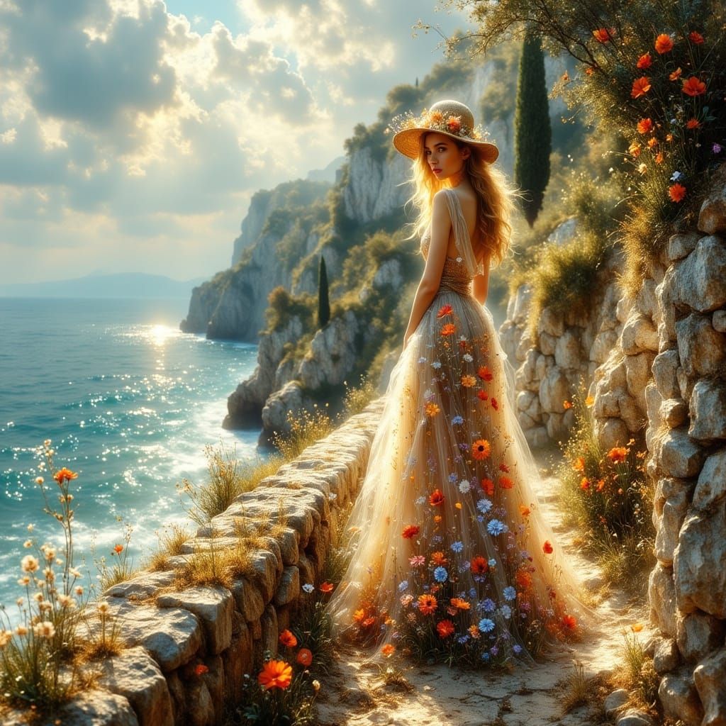 Blonde Woman in Wildflower Dress on Italian Coast