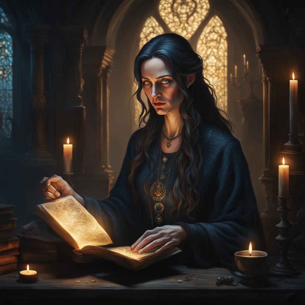 Elegant Woman Reading Spell Book in Dark Room