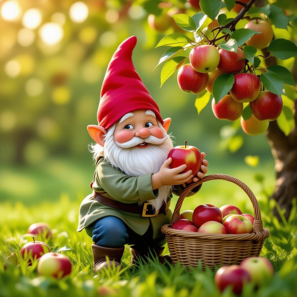 Gnome Harvesting Apples in Orchard