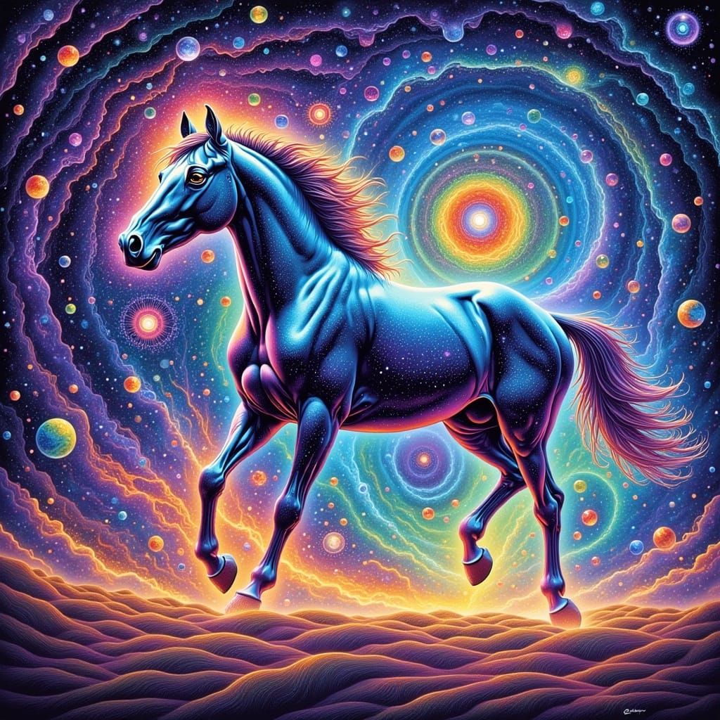 Ethereal Cosmic Horse in Vibrant Starry Dreamscape