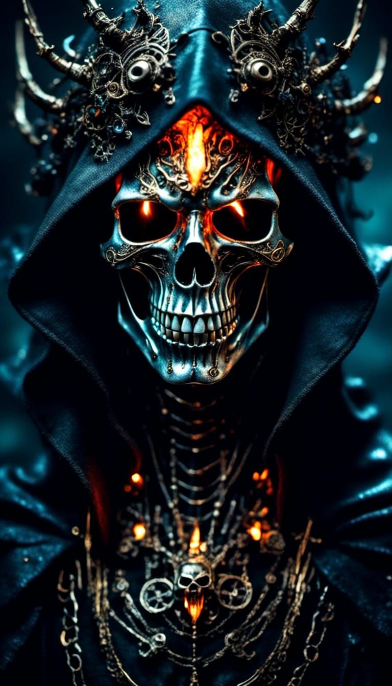 Evil Metal Skull of Skelator with Glowing Eyes