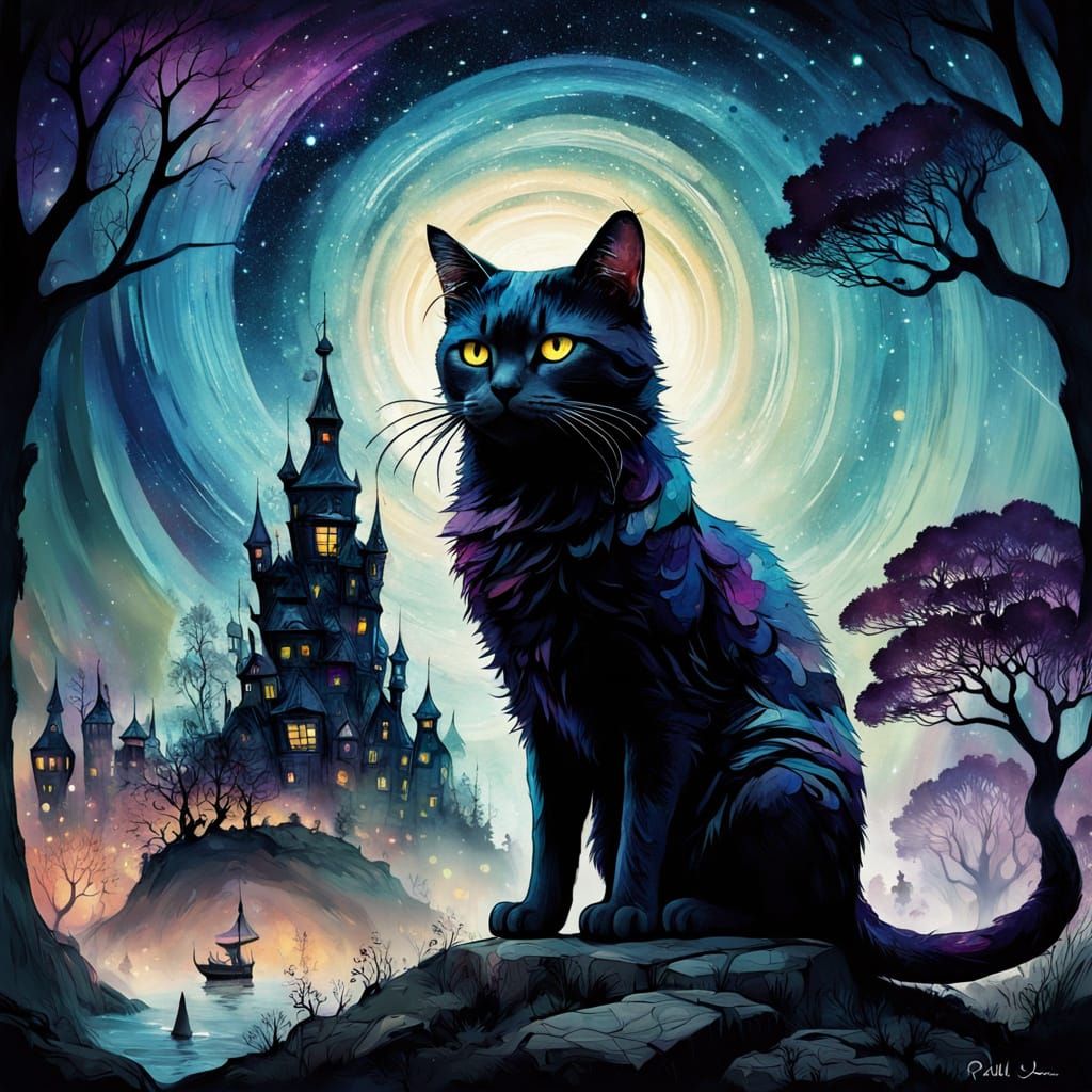 Surreal Cat Amidst a Swirling Galaxy in Ethereal Glow