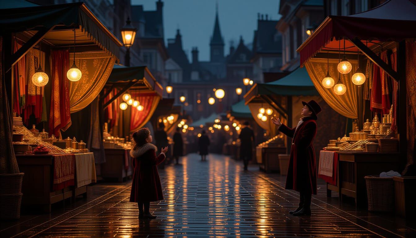 Victorian Twilight Market Child Enchanted by Glowing Orbs