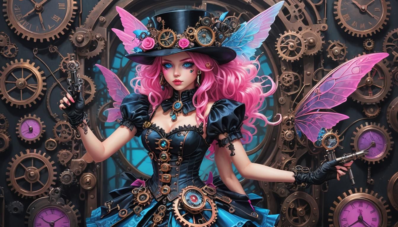 Steampunk Fairy with Soldering Gun in Neon Colors