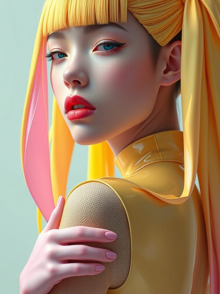 Surreal Futuristic Portrait with Flowing Ribbon Hair