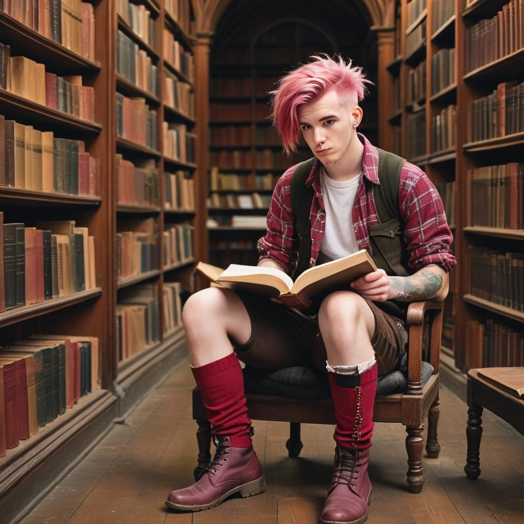 Pink-Haired Punk Reading in Library: Digital Matte Painting