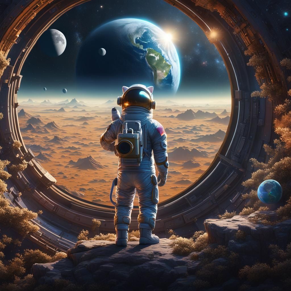 Cat Astronaut on Moon Gazing at Earth