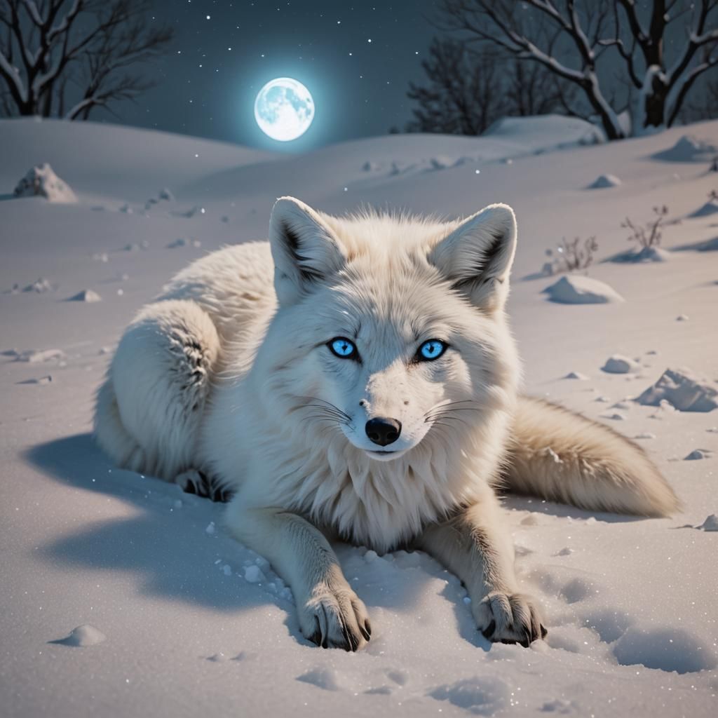 White Polar Fox in Snowy Moonlight