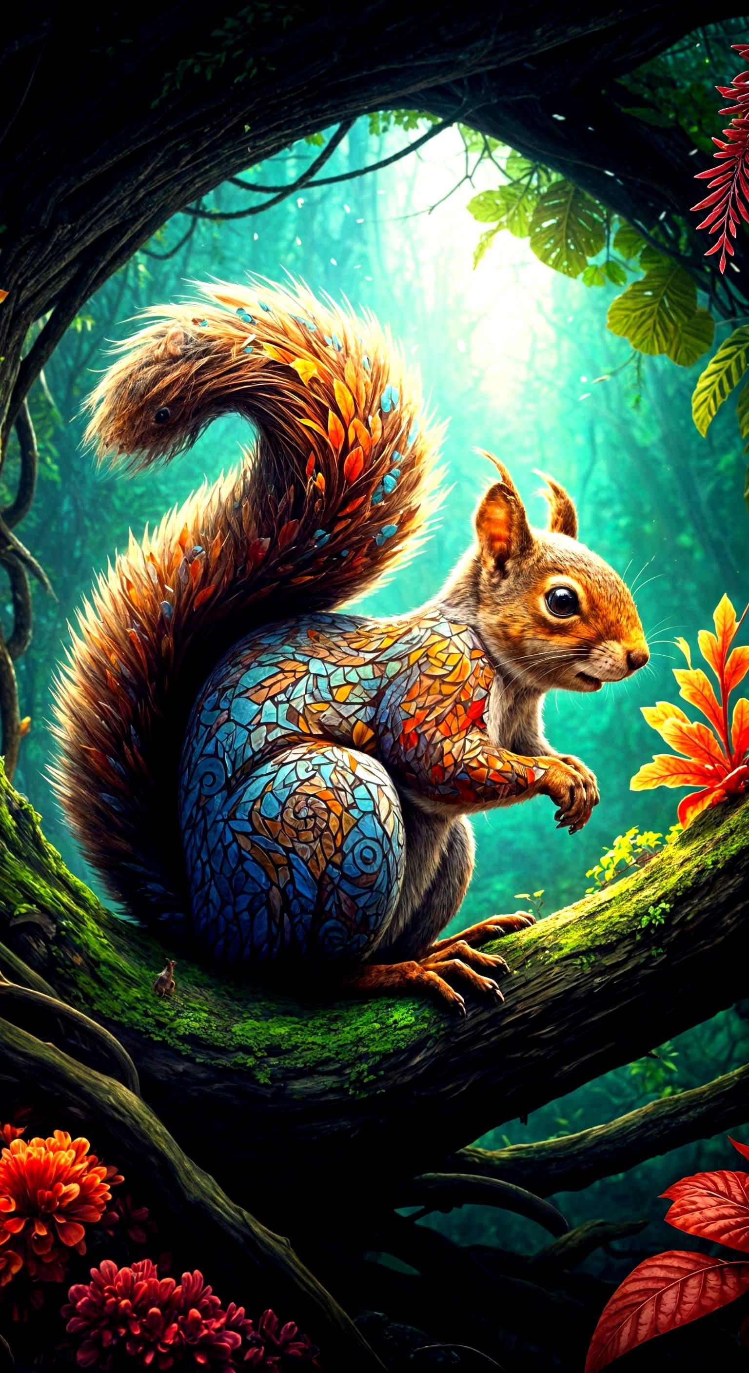 Squirrel Mosaic in Detailed Matte Painting Style