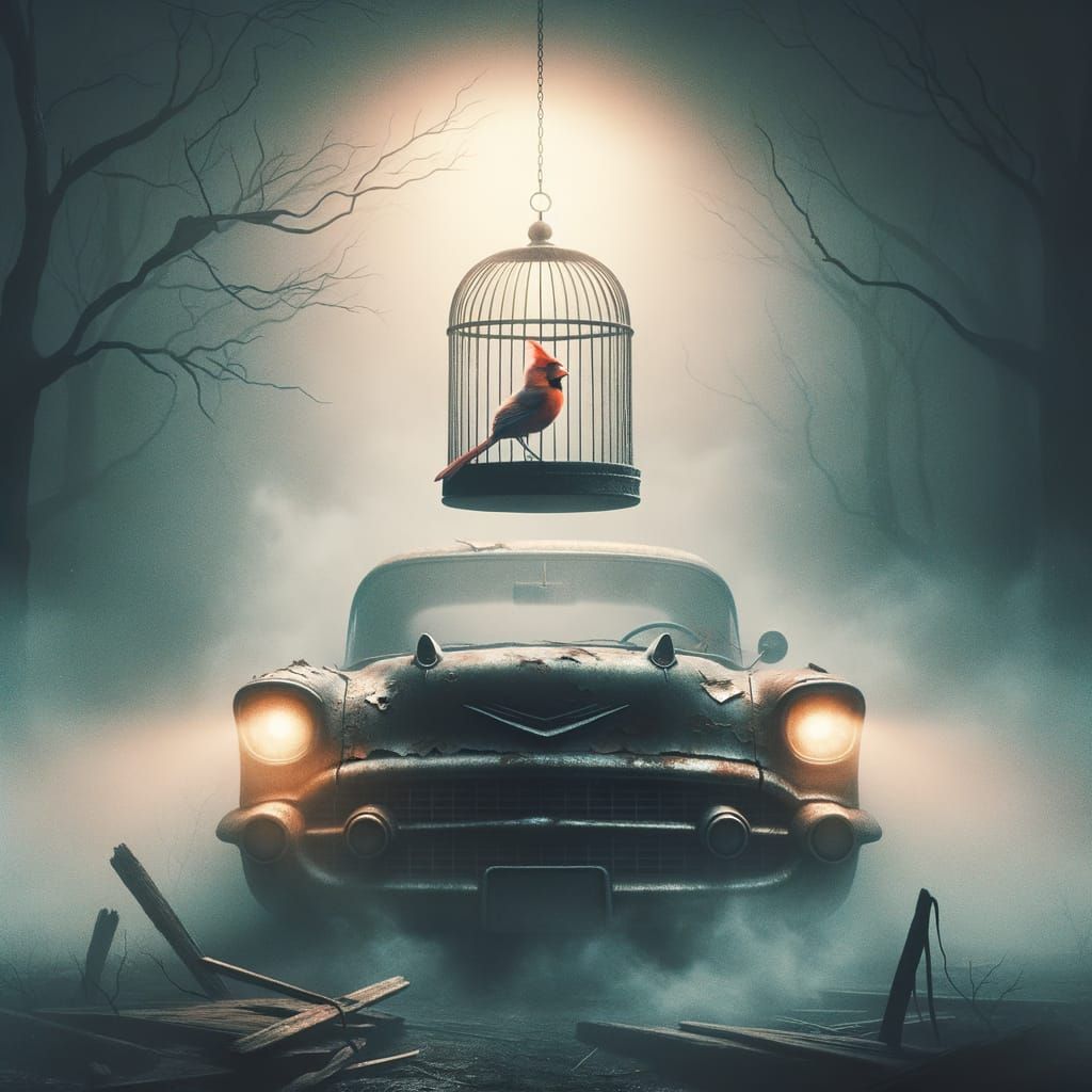 Rusted Birdcage with Cardinal on Car Mirror
