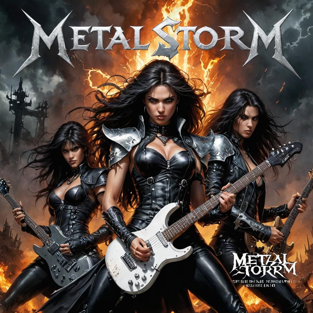 Metal Storm Album Art with Rock Band in Ethereal Style