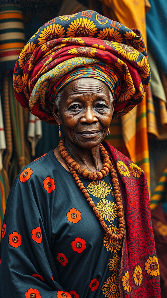 Nigerian Yoruba, wearing a Adire Gele hat and lappa kaftan d...