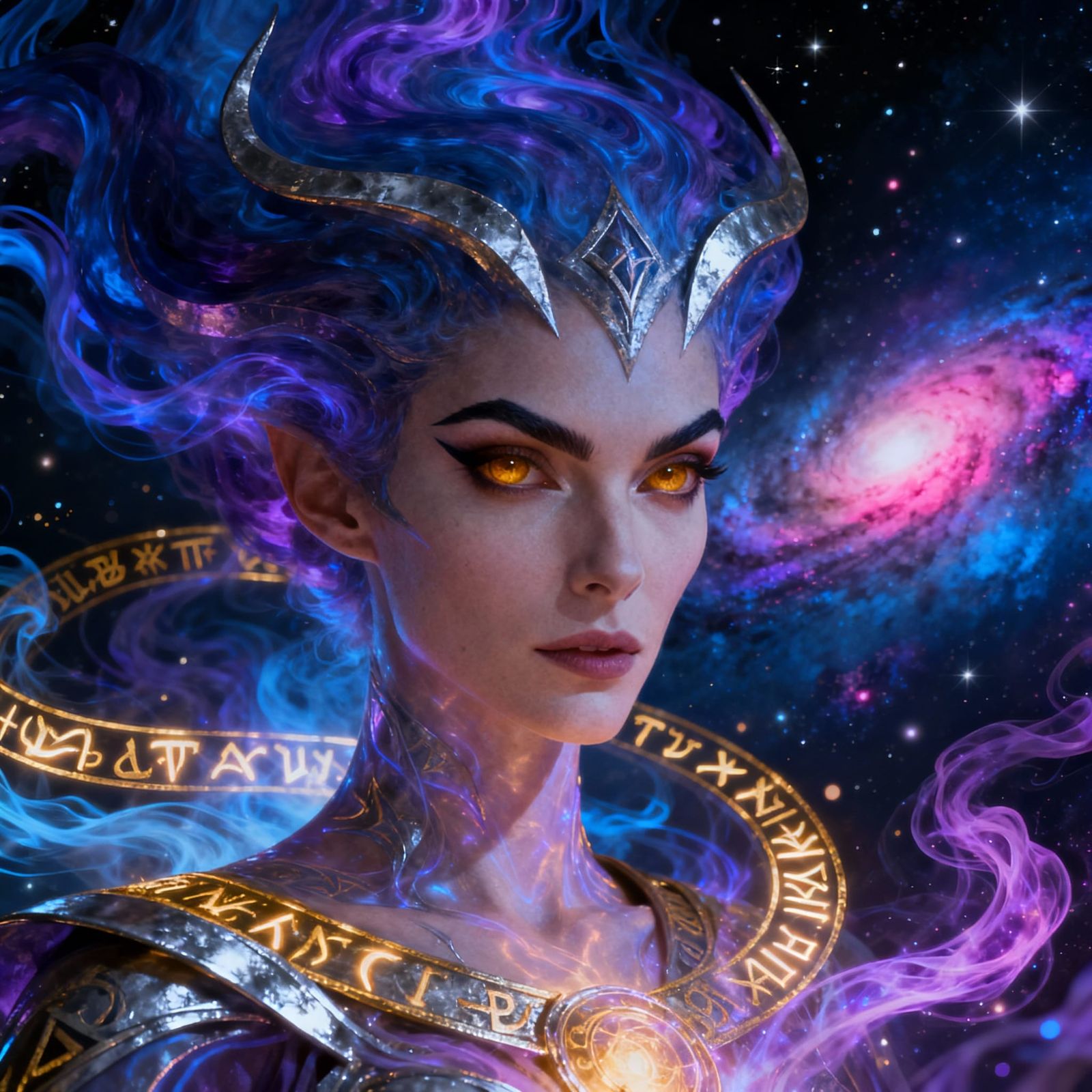 Cosmic Sorceress Amidst Galactic Energies