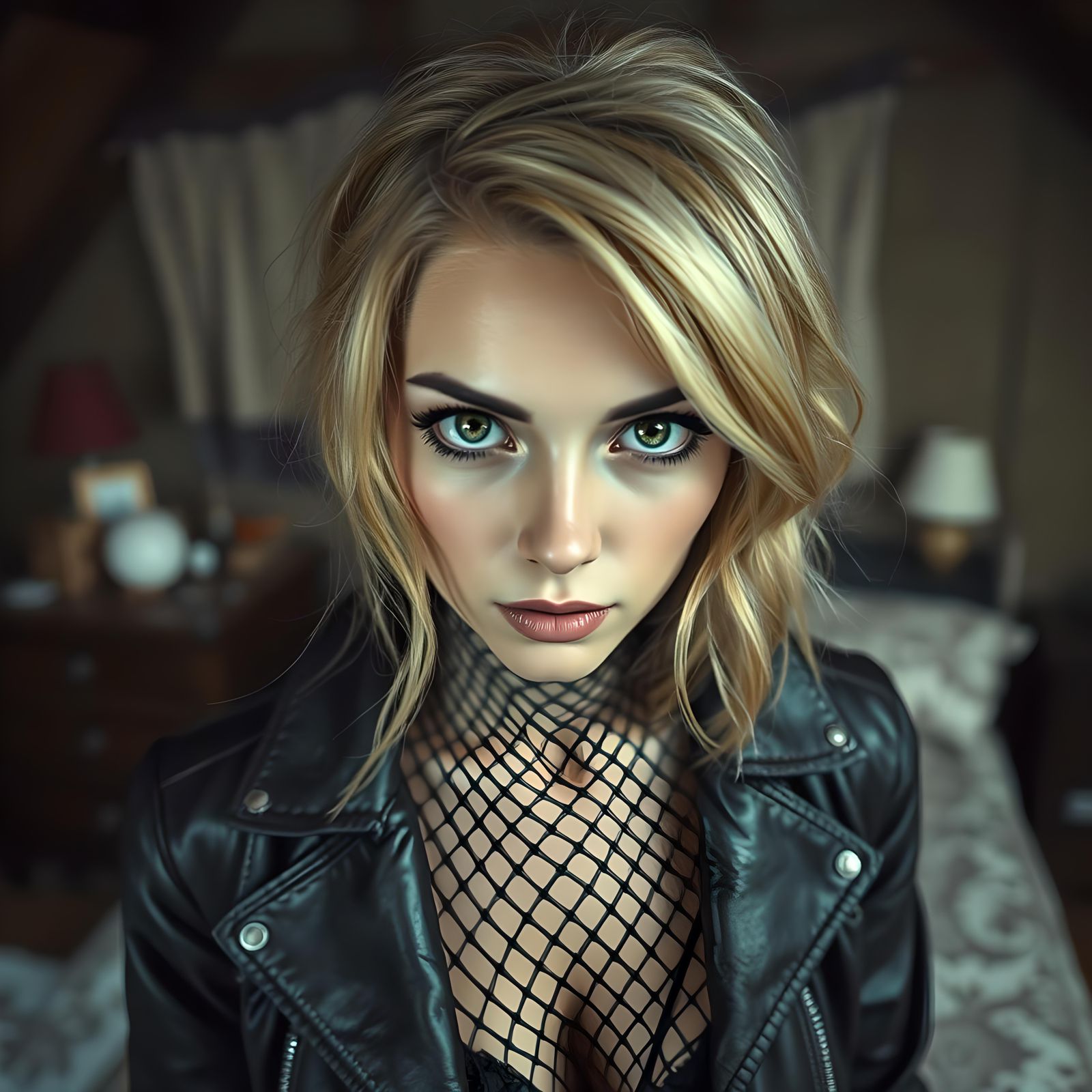 Big Eyed Woman in Attic Bedroom, Digital Art