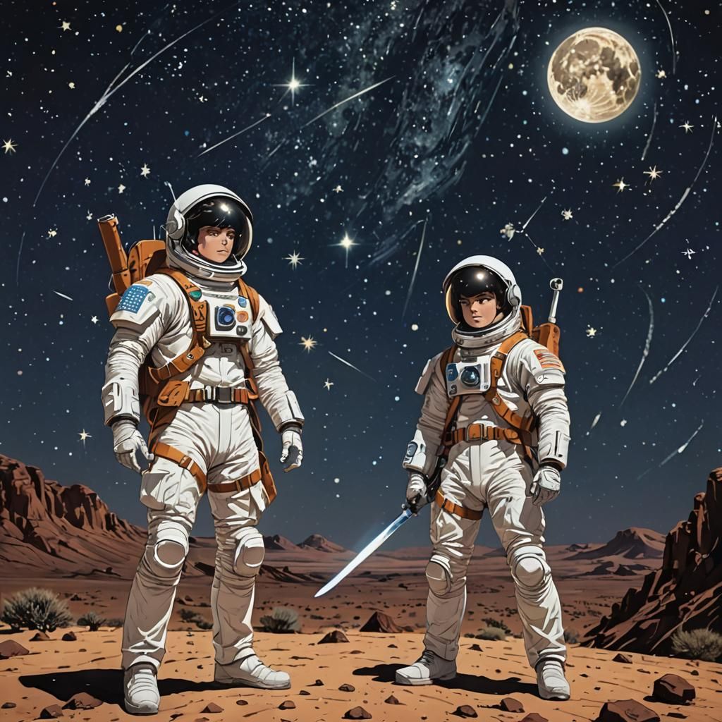 Retro Sci-Fi Boys on Desert Planet at Night