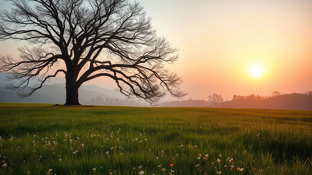 Majestic Tree at Dawn in Romantic Landscape