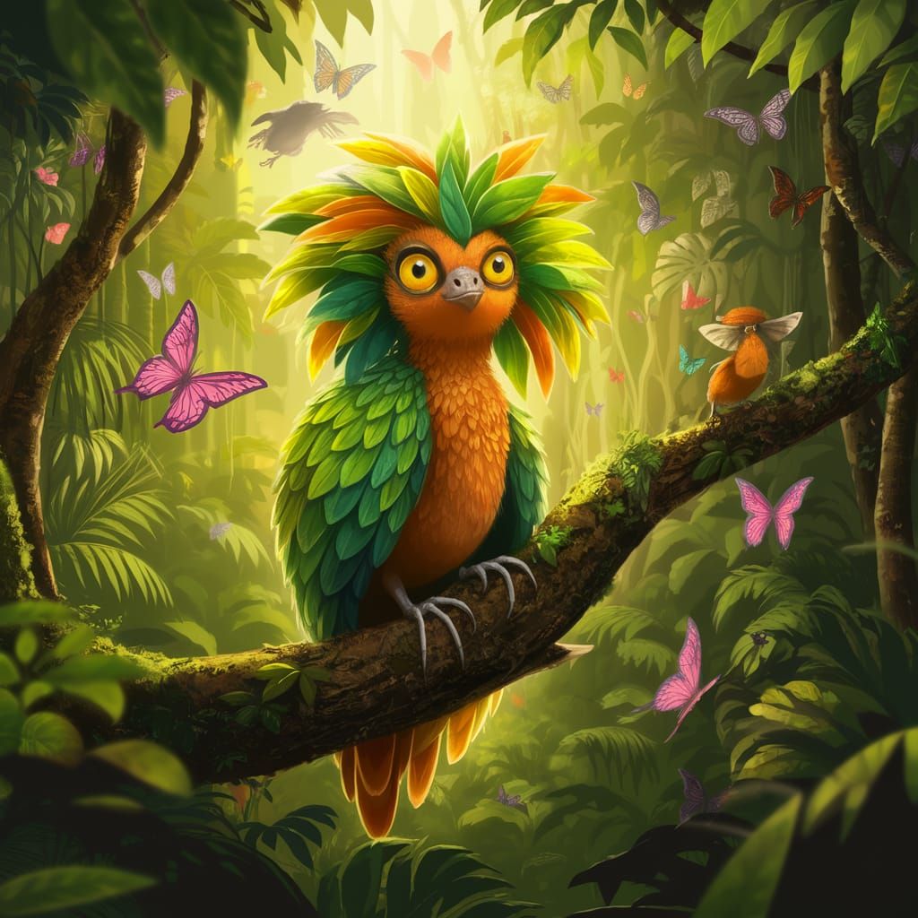 Tropical Jungle Spirit with Iridescent Wings and Vibrant Hai...