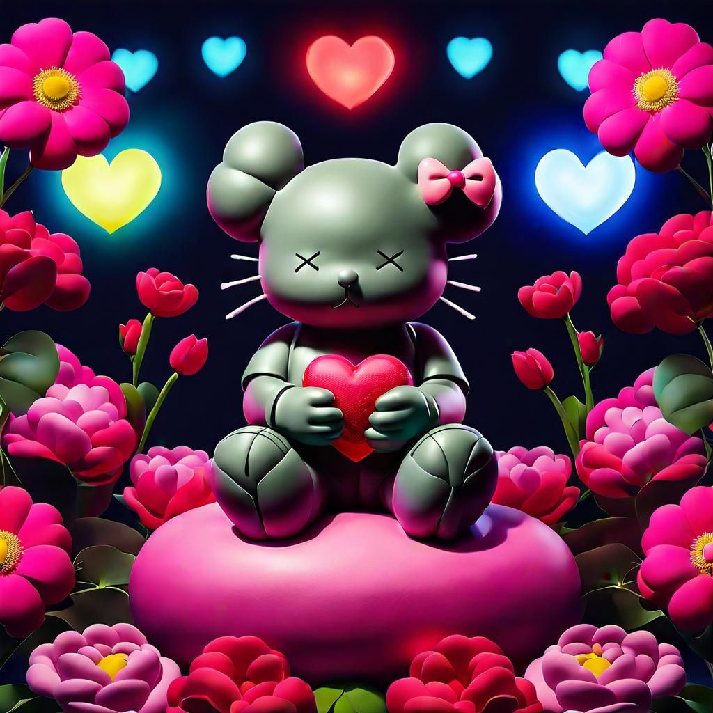 Cute Cat Surrounded by Flowers in Street Art Style