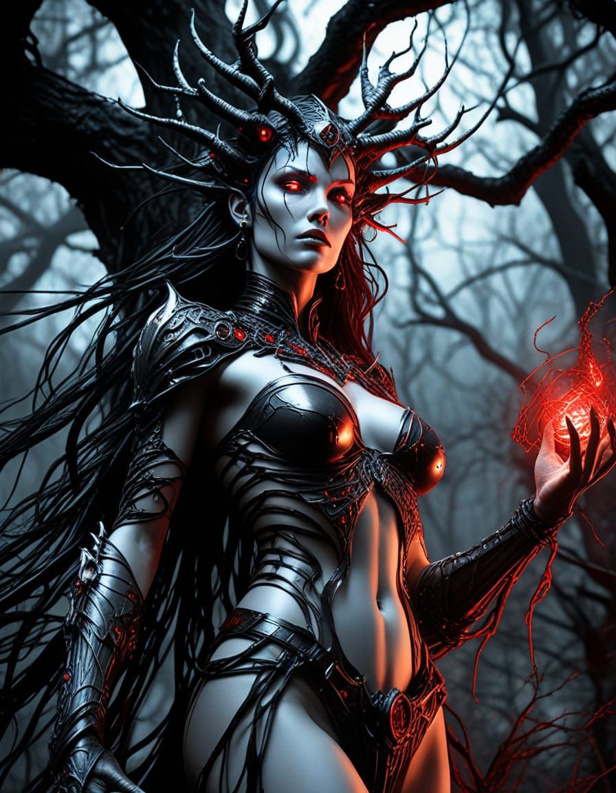 Cyborg Sorceress Summons a Demon in Dark Fantasy