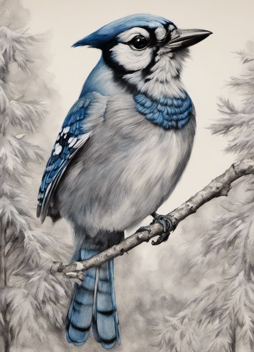 Blue Jay in Edith Holden Style Charcoal Drawing