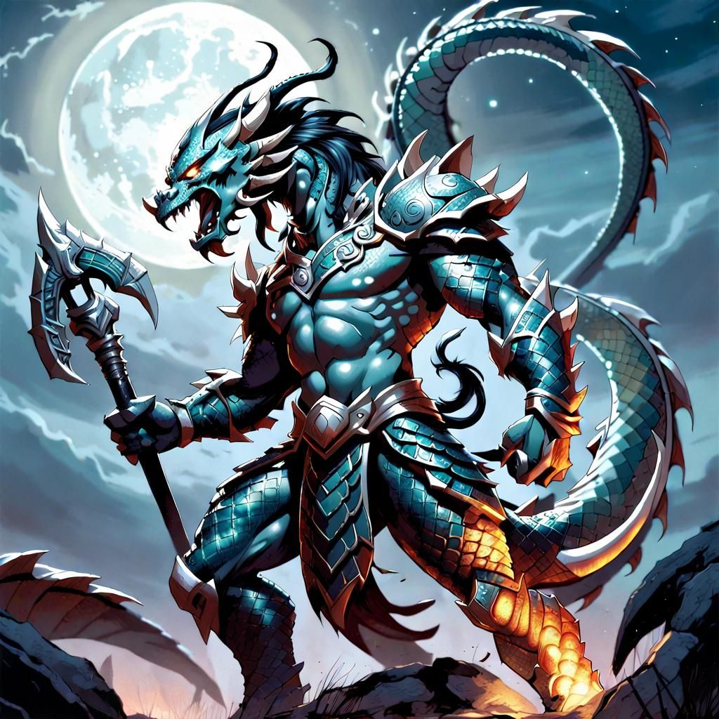 Naga Warrior on Battlefield in Comic Book Style