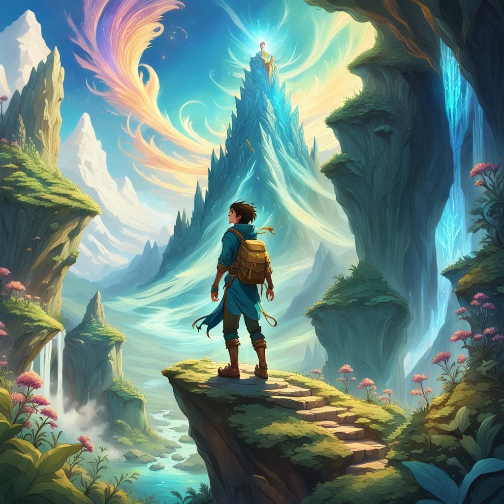 Triumphant Adventurer on Mystical Mountain in Fantasy Art