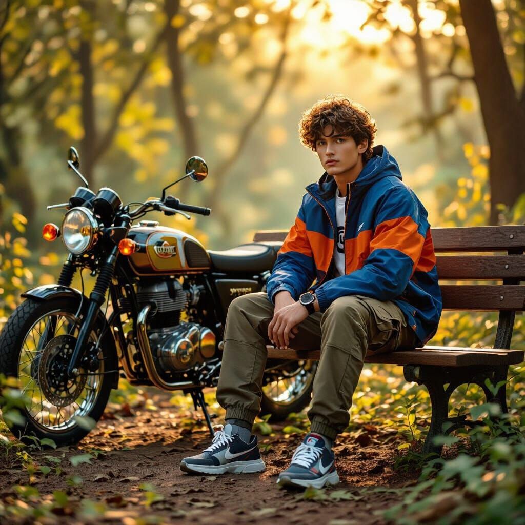 Boy on Bench with Motorcycle in Golden Hour