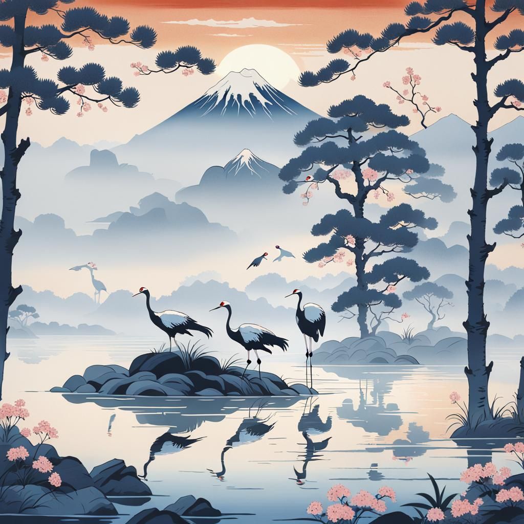 Serene Japanese Sunset Landscape in Ukiyo-e Style