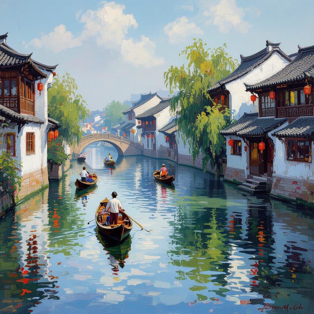 Wuzhen Water Town in Impressionist Art Nouveau Style