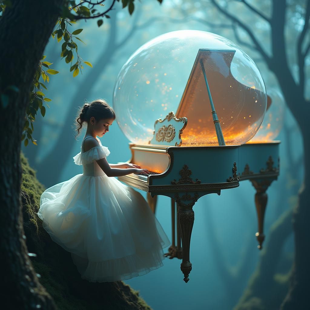 Girl in Bubble Plays Piano Above Mystical Forest