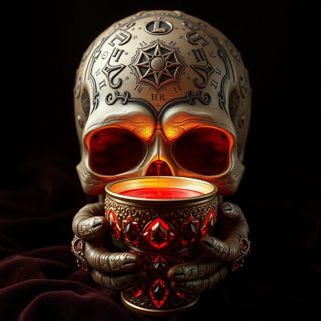 Majestic, Ornate Skull Holds a Gemstone-Encrusted Chalice wi...