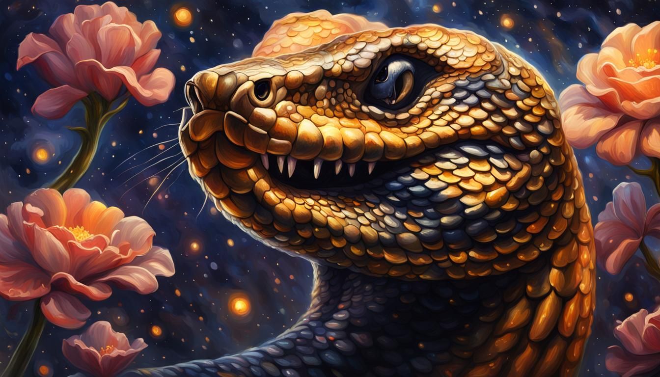 Dark Fantasy Cobra in Flower Rain: Oil Painting