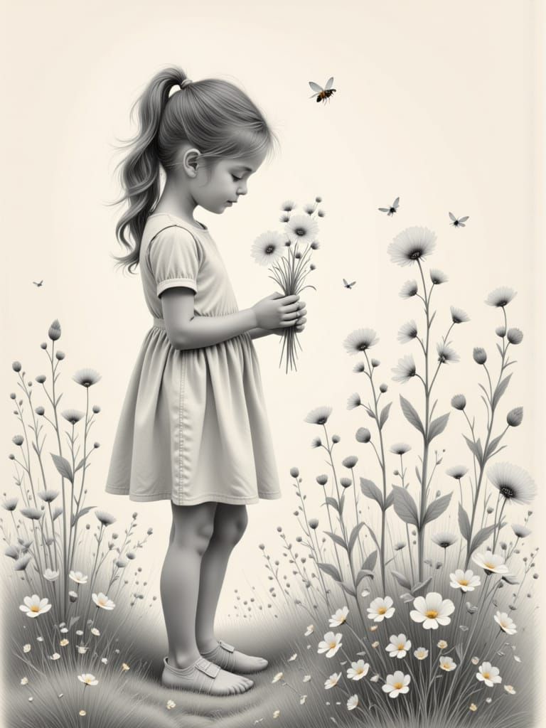 A Serene Young Girl in a Lush Meadow, Pencil Drawing