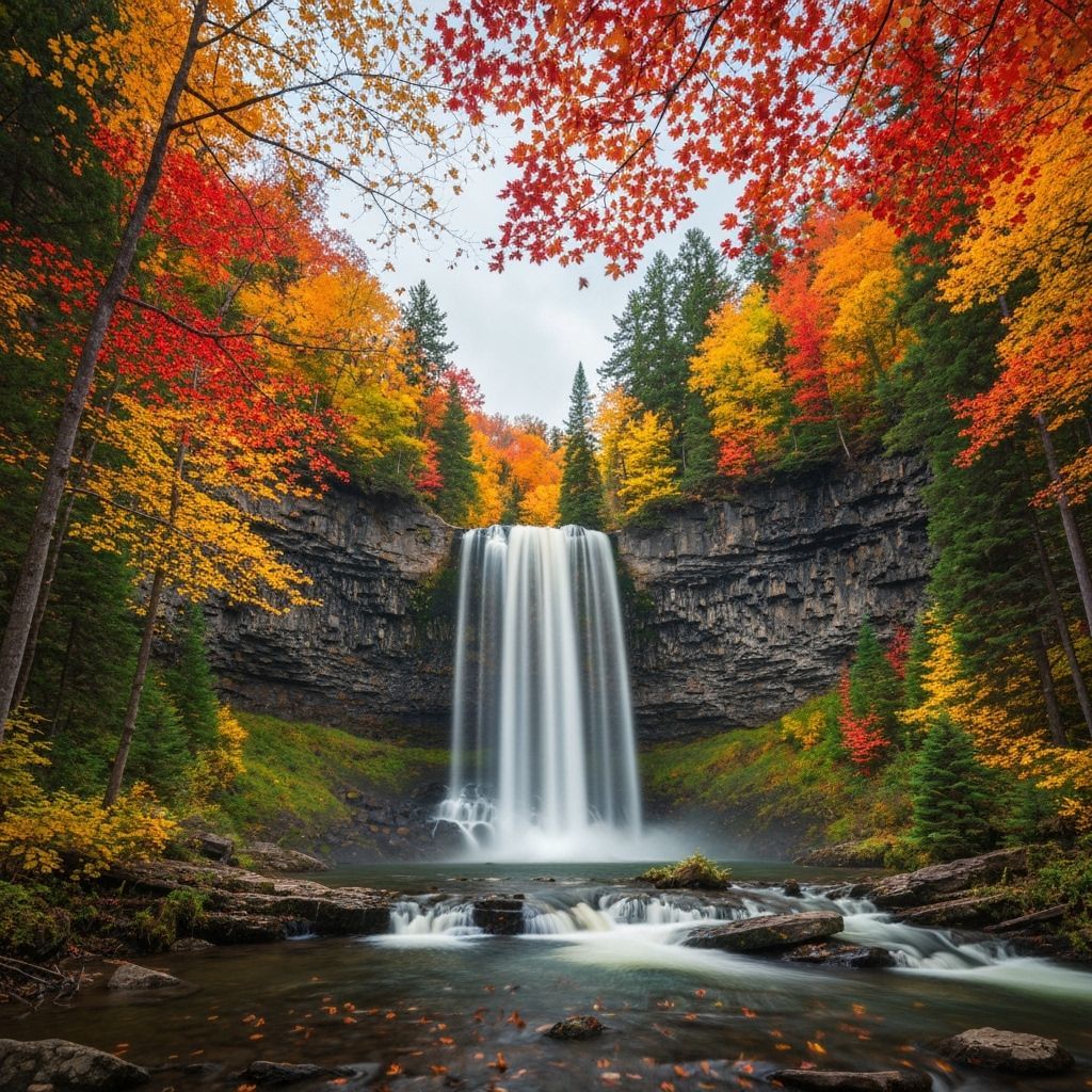Spectacular Canadian Autumn Waterfall in Maple Forest