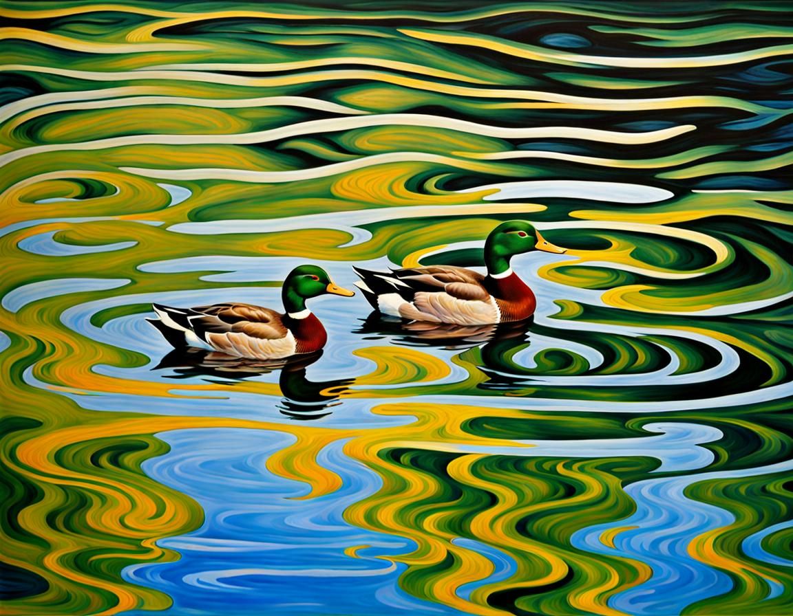 Ducks on Lake: Impressionist Painting with Reflections