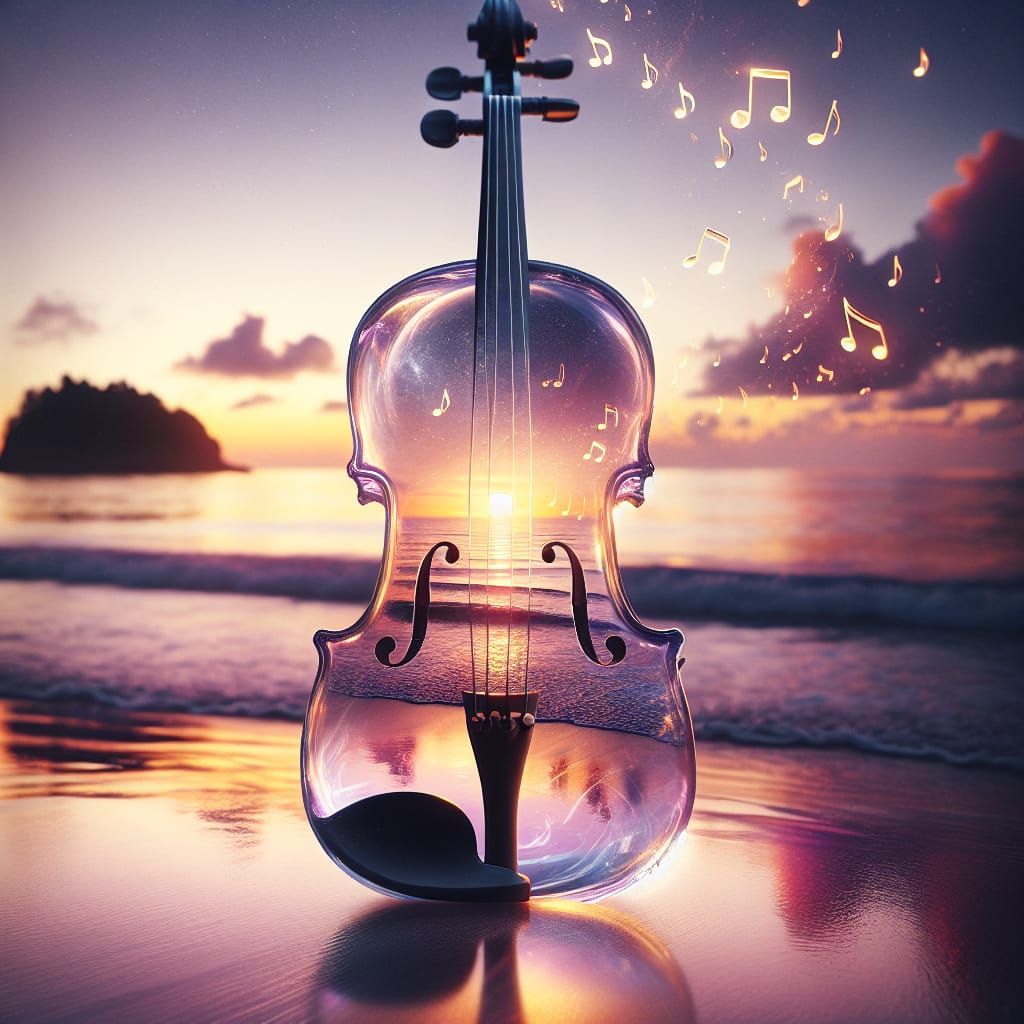Ethereal Glass Violin Reveals Beach Sunset