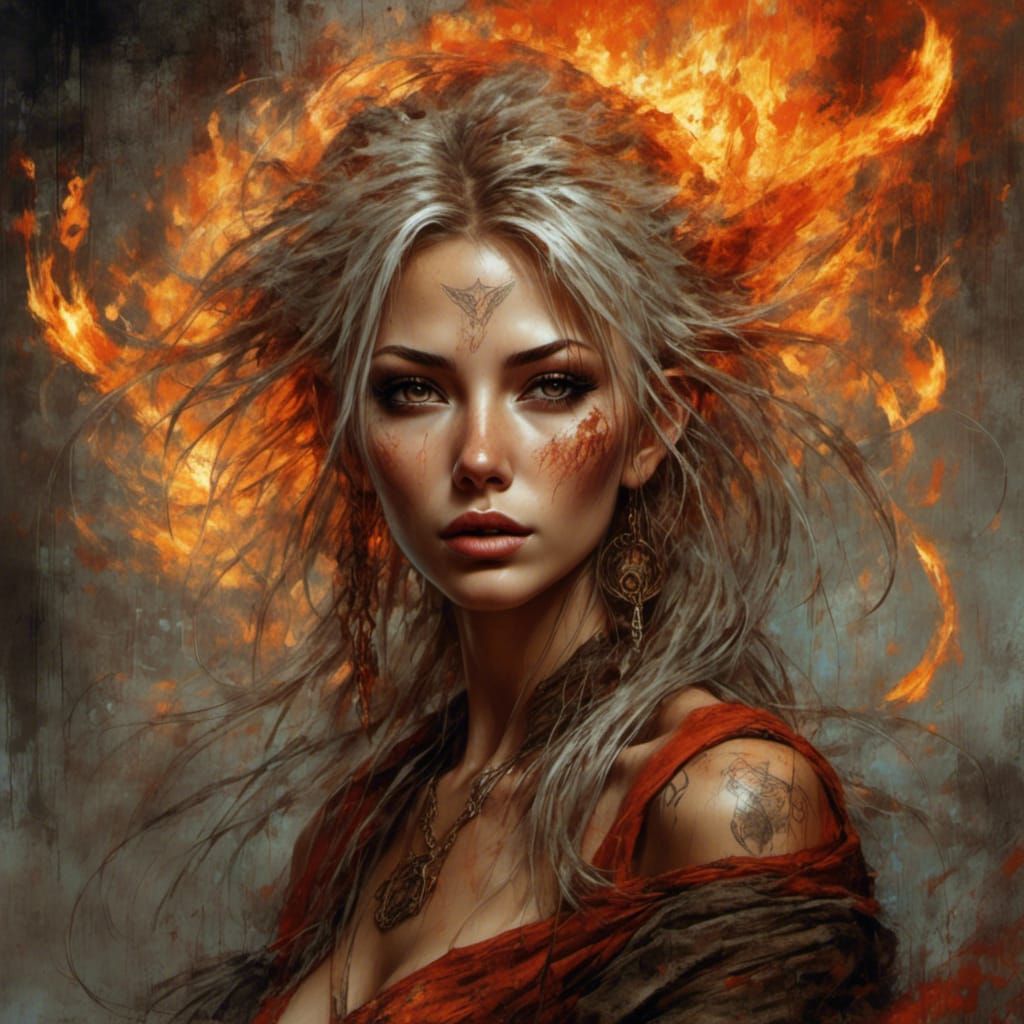 Fiery Elf Sorceress with Swirling Flames