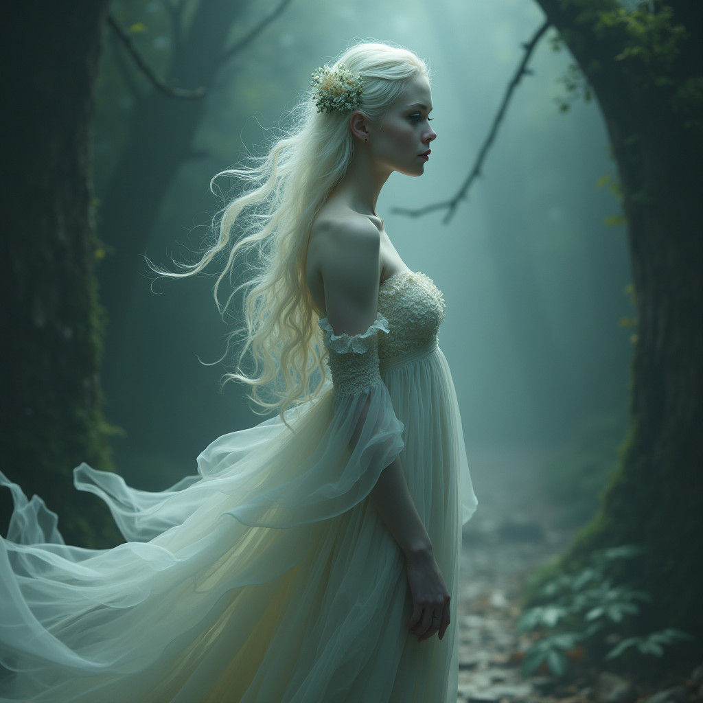 Ethereal Woman in Ghostly Gown: Concept Art