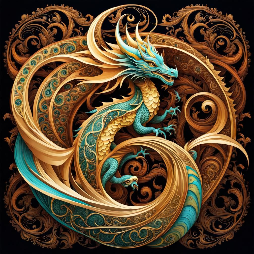 Swirling Dragon in Art Nouveau Style