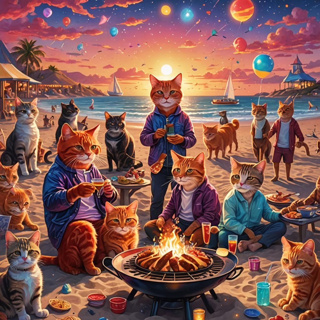 Red Cat's Beach Birthday Party by Pablo Amaringo