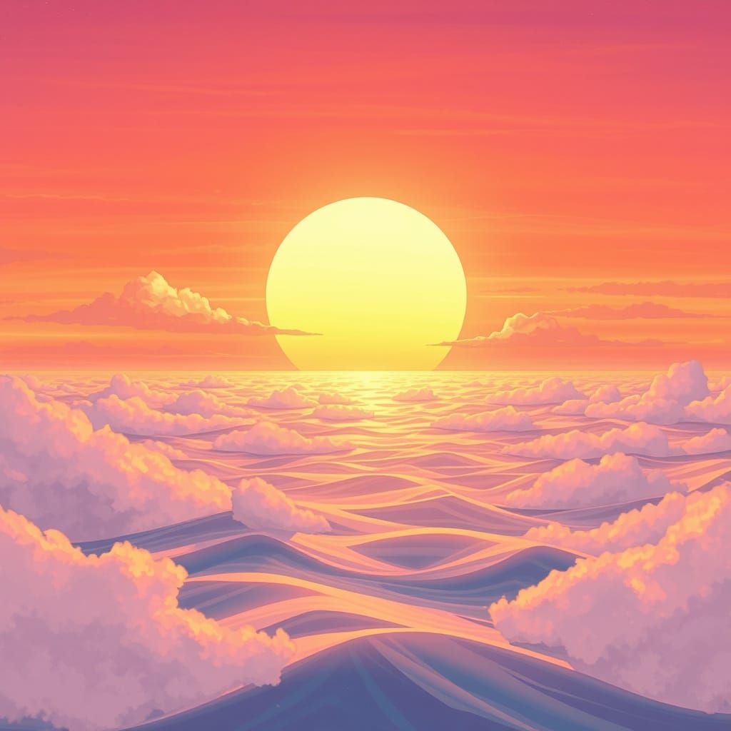 Anime Sunset with a Glowing Moon in Dreamy Watercolor Style