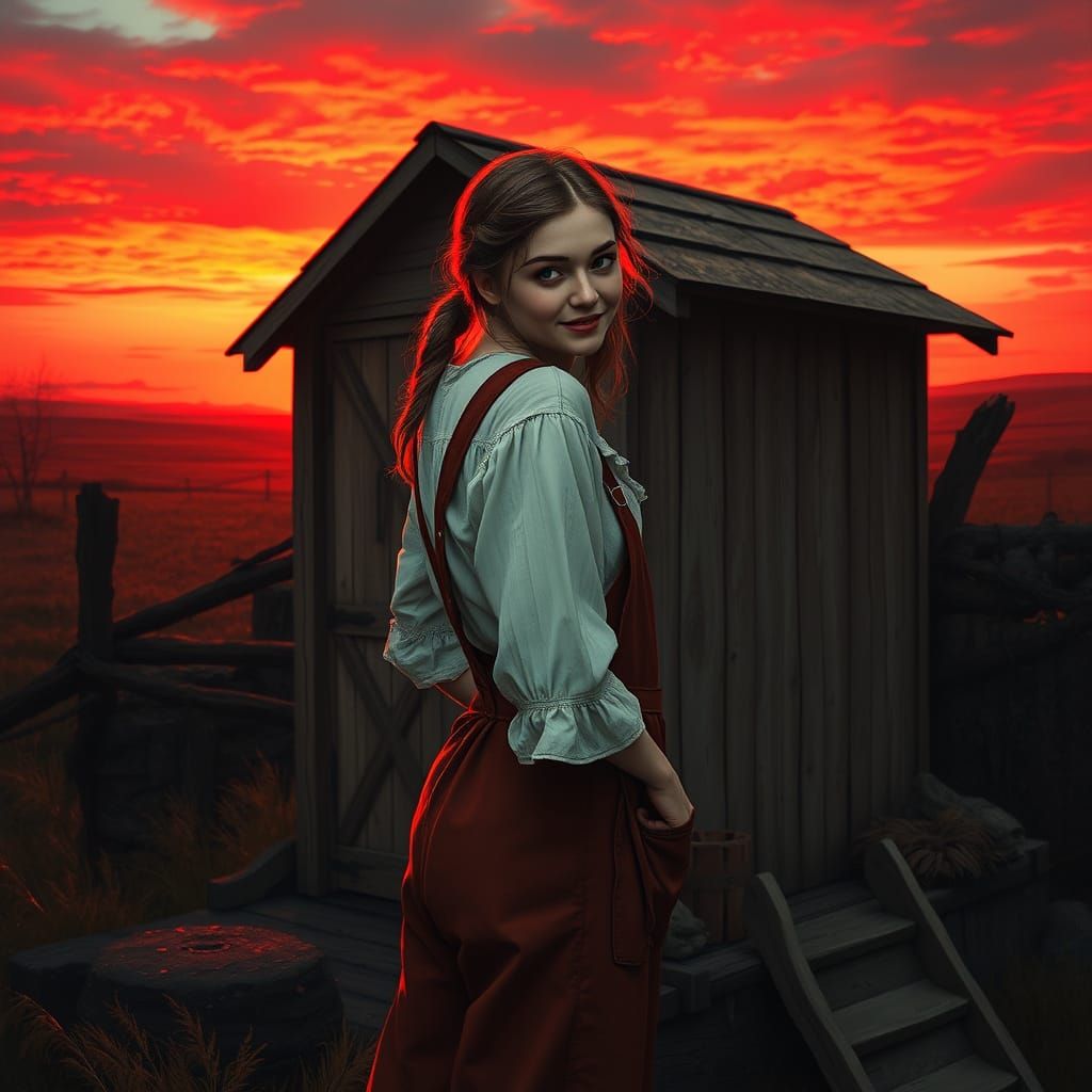 Vintage Woman Near Outhouse at Scarlet Sunrise